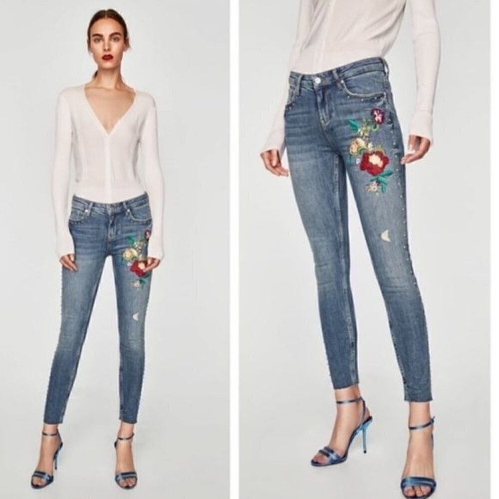 Zara Medium Wash Floral Embroidered Studded Skinny Jeans 2